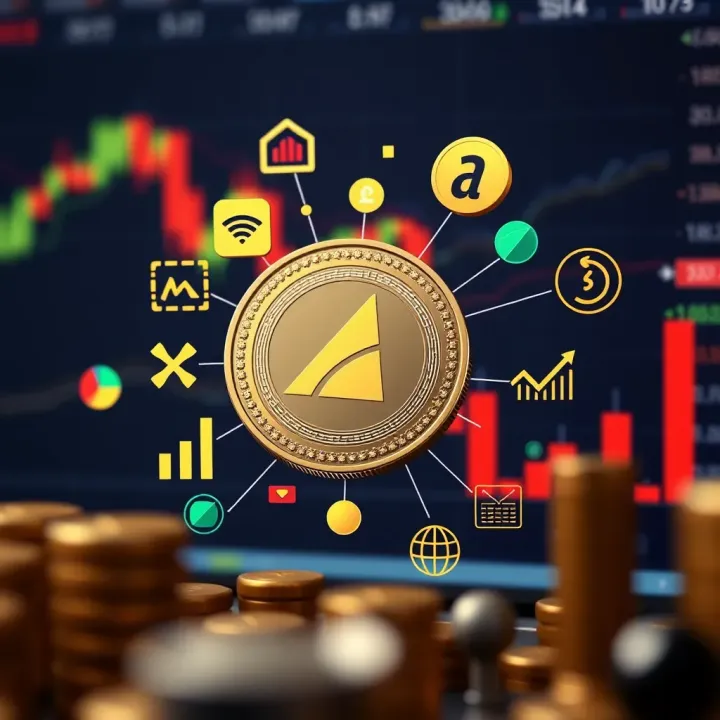 Financial Indicators and Risk Factors Impacting Aevo Coin Value Illustration of a digital coin surrounded by various financial indicators and risk assessment icons