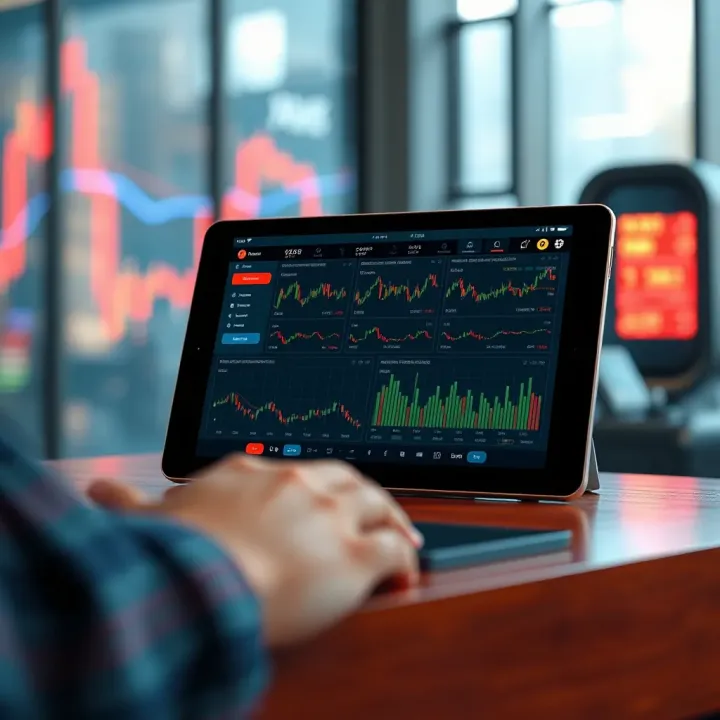 Tablet showcasing various forex trading tools and security features interface
