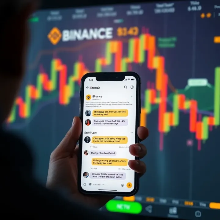 Smartphone screen displaying a Binance trading signals chat on WhatsApp with cryptocurrency charts in the background