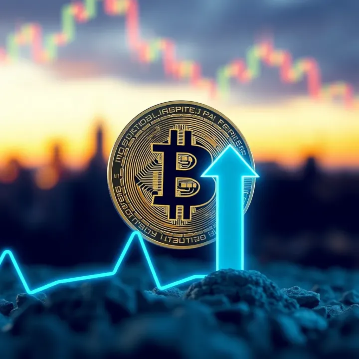Illustration of Bitcoin symbol with upward and downward arrows representing market analysis