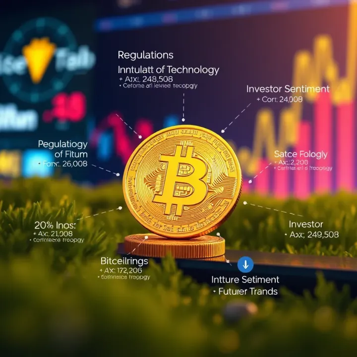 Illustration of factors influencing Bitcoin price including regulations, technology, and investor sentiment