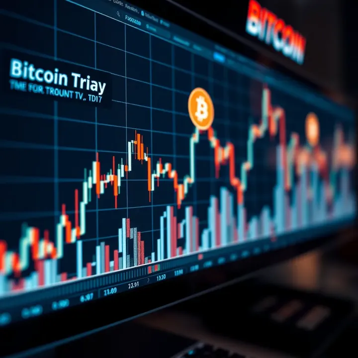 Graph showing fluctuating Bitcoin price trends with a digital background