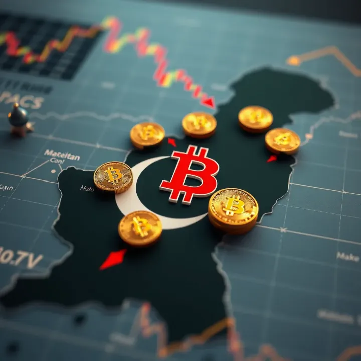 External Factors Shaping Bitcoin Market Dynamics in Pakistan Map of Pakistan with Bitcoin symbols and arrows indicating market influences and external factors
