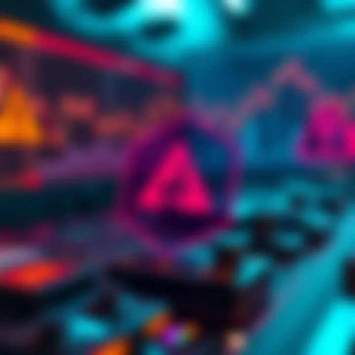 Technological icons representing blockchain with forecast charts and risk warning symbols