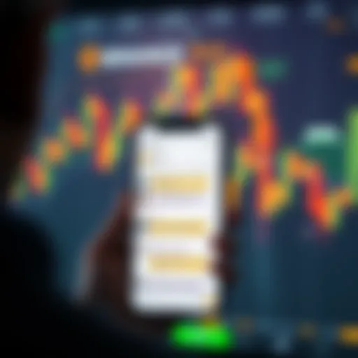 Smartphone screen displaying a Binance trading signals chat on WhatsApp with cryptocurrency charts in the background