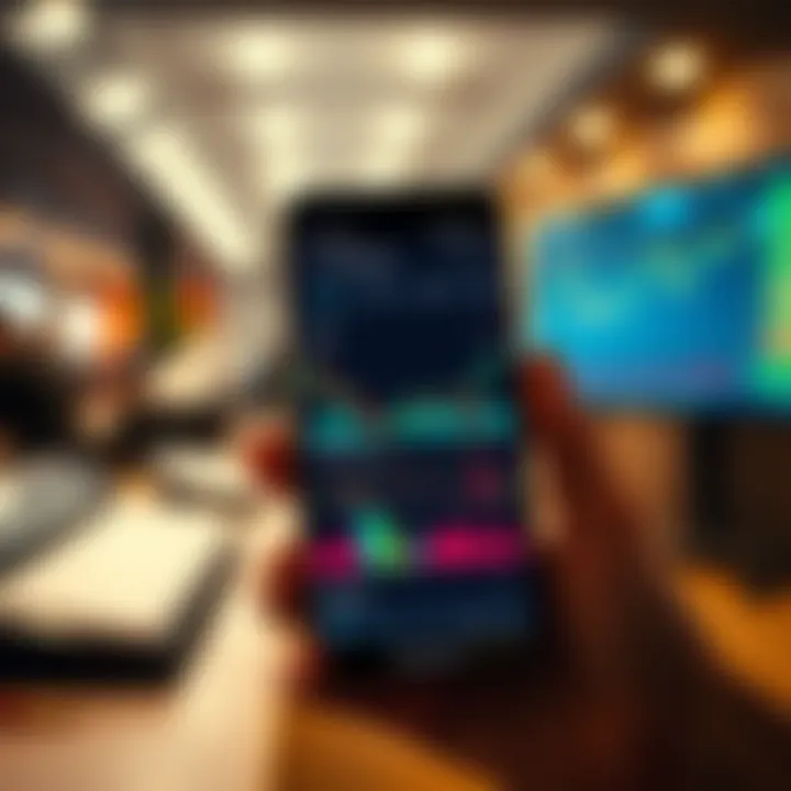 Mobile phone displaying various financial charts and graphs representing trading data and market trends