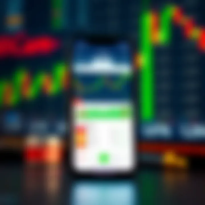 Mobile phone displaying a trading app interface with stock charts and market data
