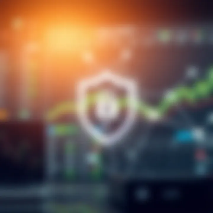 Secure Trading Environment with Digital Protection Symbols Conceptual illustration of secure trading environment with shield and digital network symbols