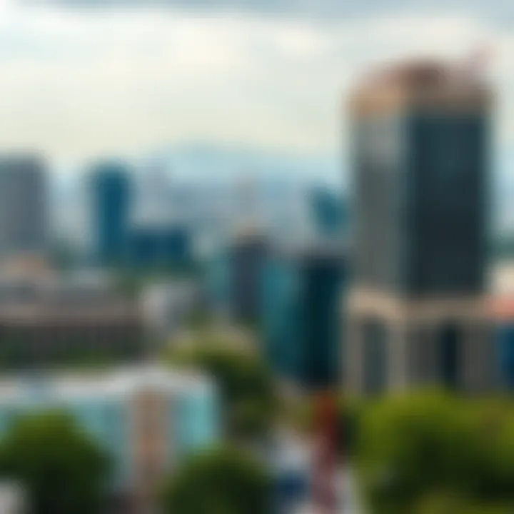 A panoramic view of modern commercial buildings and office spaces in a bustling urban area of Pakistan