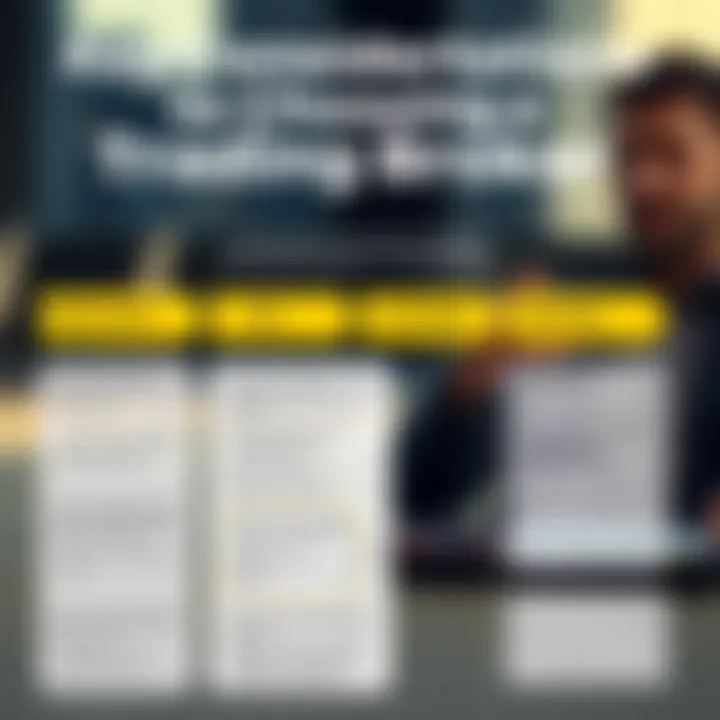 Graphic showing key factors to consider when choosing a trading broker including regulation, fees, and platform features