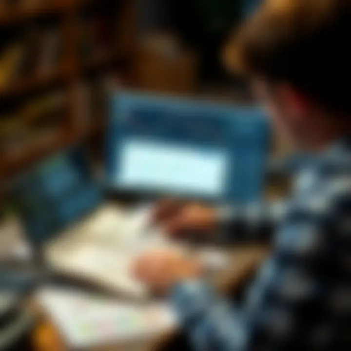 Person studying trading books on a laptop with notes and charts for effective learning
