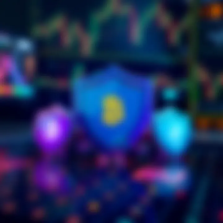 Illustration of secure crypto trading with protective shields and signal icons representing risk management