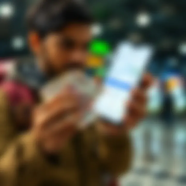 Traveler comparing currency notes with digital currency exchange platform on smartphone