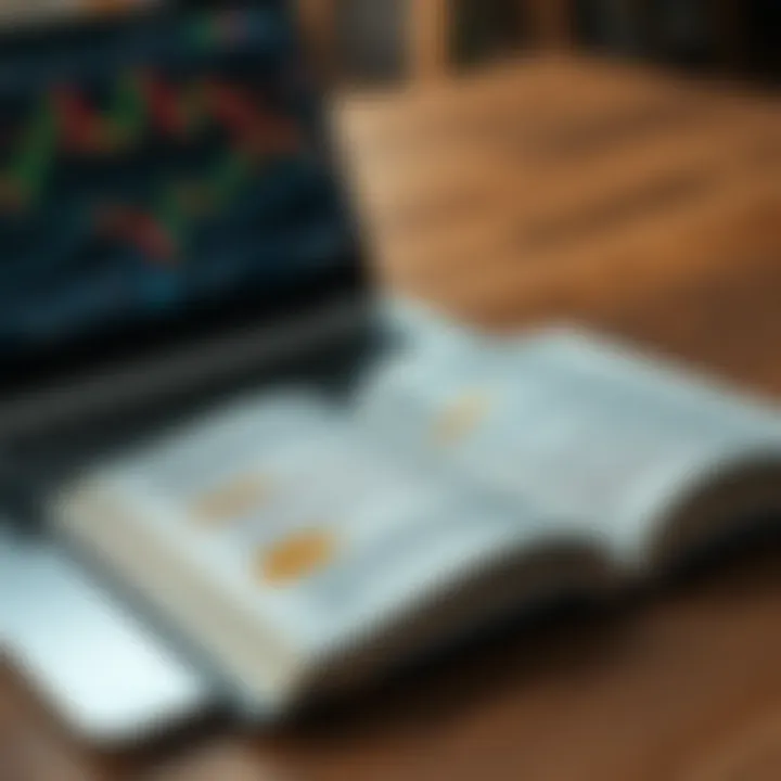 Open trading book with highlighted key concepts and notes beside a laptop showing market graphs