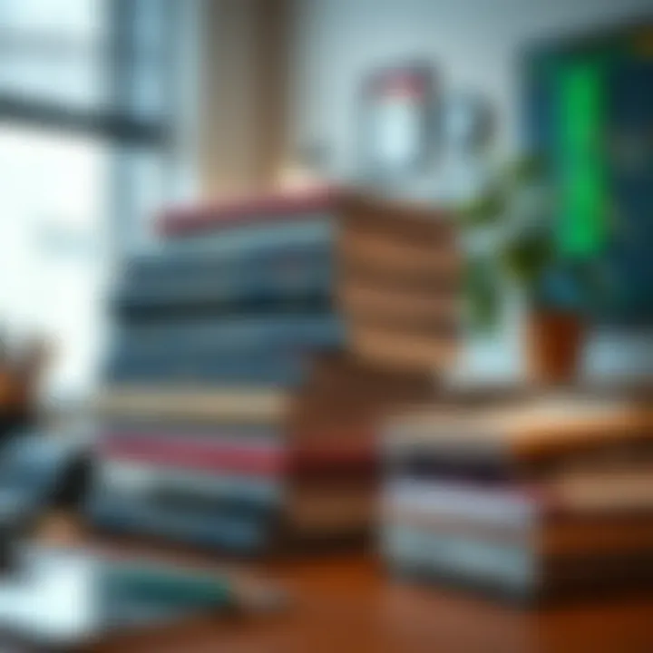 Stack of educational trading books and printed PDFs arranged on a desk