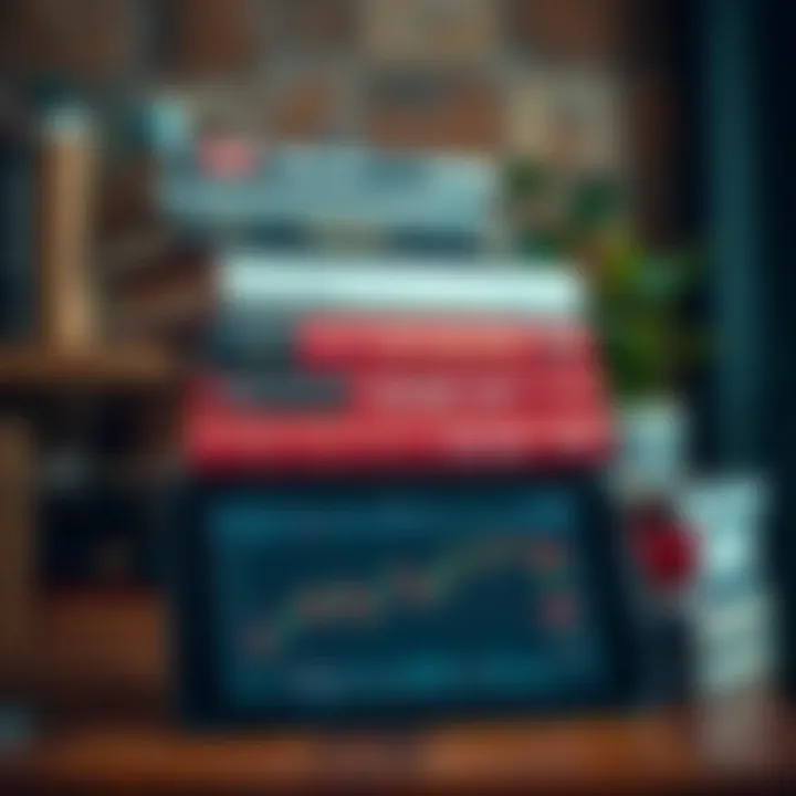 Collection of trading books stacked with a digital tablet displaying a stock market chart