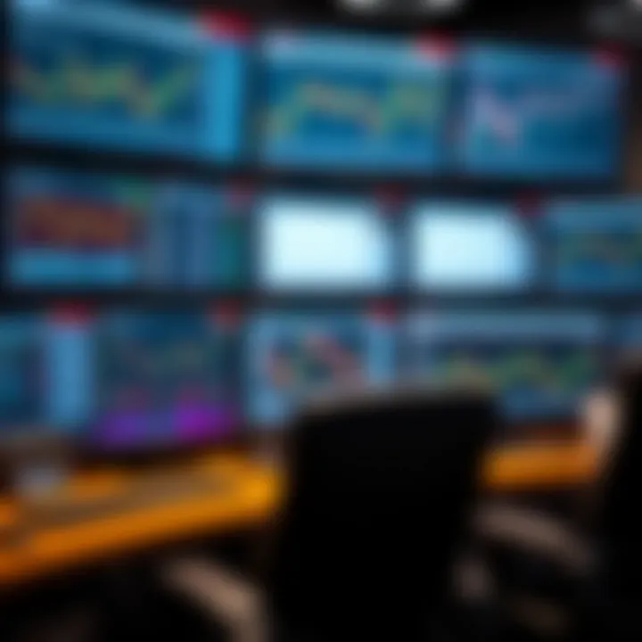 Trading workstation showing multiple screens with trading platforms and real-time market data