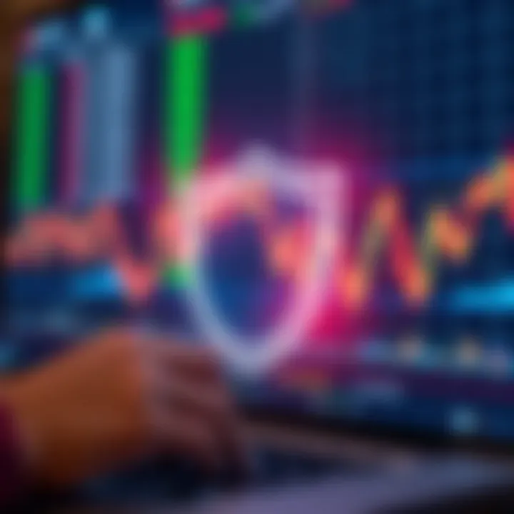 Illustration of safe online trading with shield icon and financial graphs representing risk management