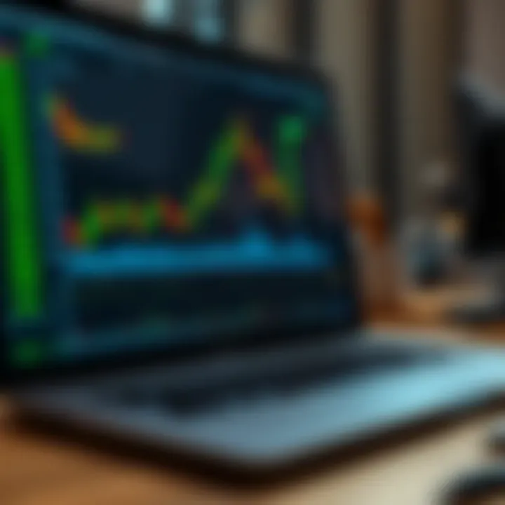 Illustration of a digital trading platform with charts and graphs showing market trends on a laptop screen