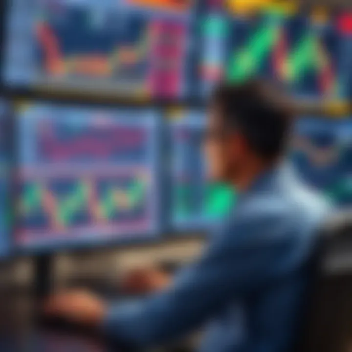 Illustration of a trader analyzing forex charts on multiple screens with financial data and currency symbols