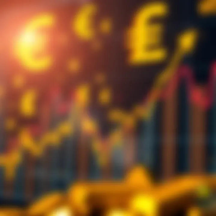 Graph showing upward and downward trends of gold prices with currency symbols and economic indicators in the background