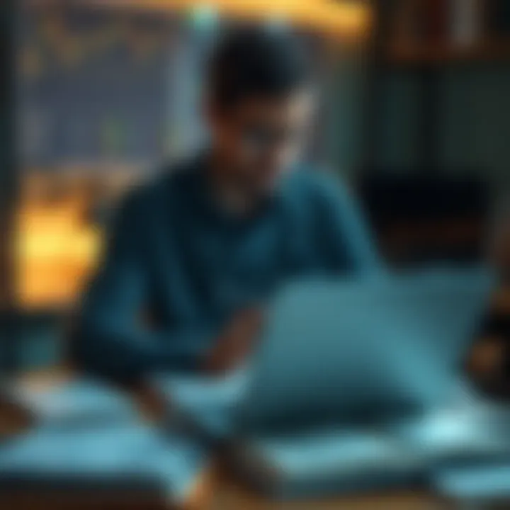 Trader studying charts and notes with trading books open around a laptop