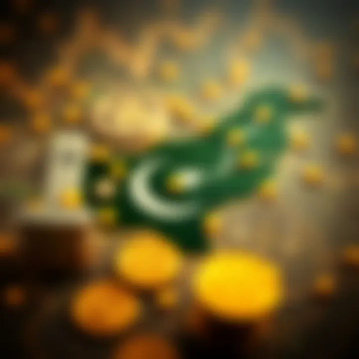 Digital representation of Pakistan with cryptocurrency icons and legal symbols