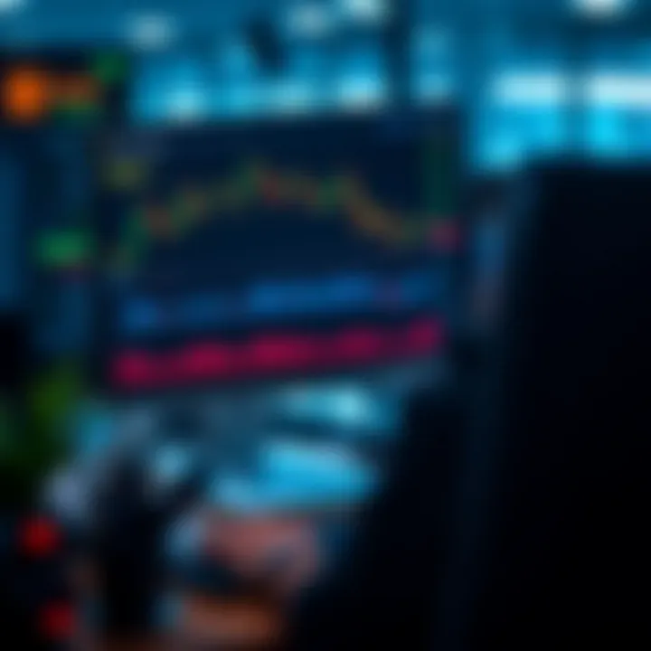 Trader using a computer screen displaying a demo trading platform with charts and virtual money balance