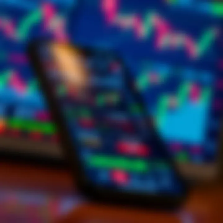 Mobile device displaying various financial charts and stock market data for trading
