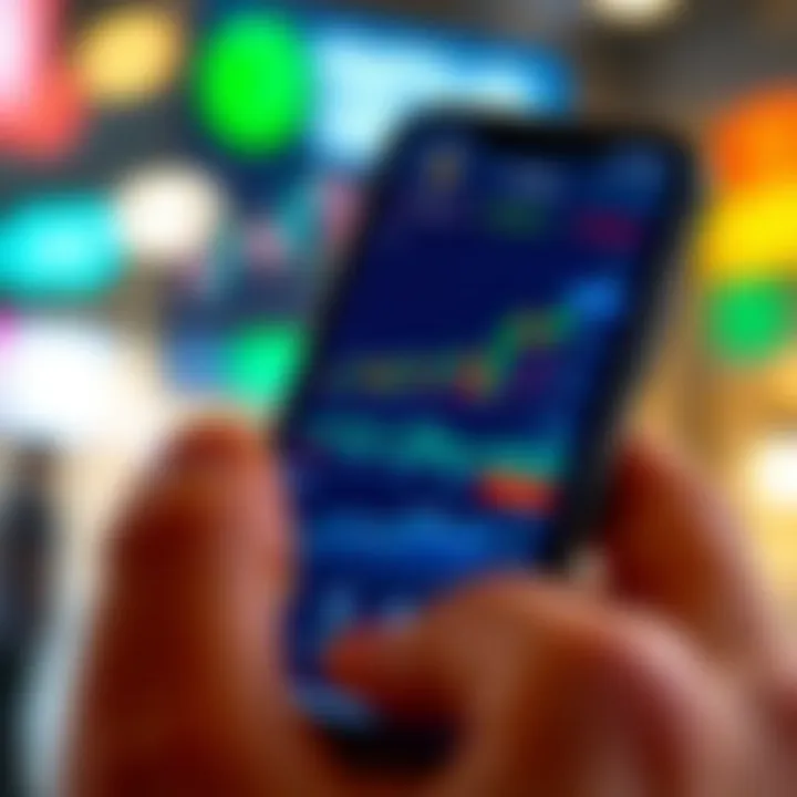 Mobile phone displaying a trading app interface with virtual currency charts and indicators