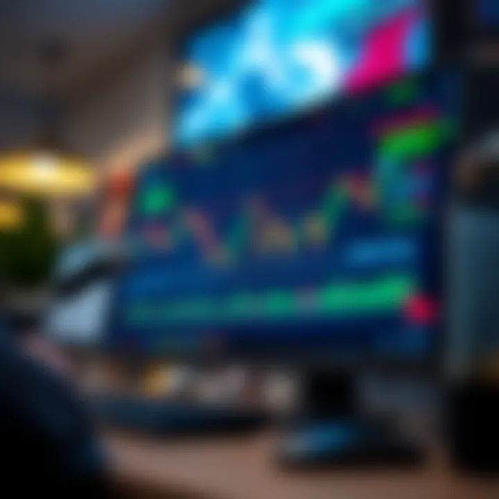 Illustration showing a computer screen with a Forex trading platform running a demo account featuring charts and virtual currency balance