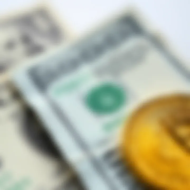 Close-up of a gold coin next to US dollar bills symbolizing exchange rates