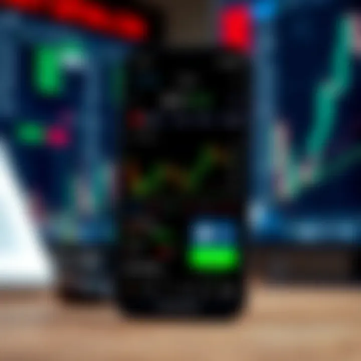 Mobile phone screen showing a trading app interface with stock charts and zero balance indicator