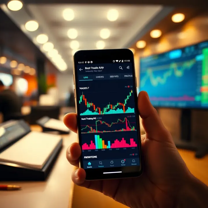 Mobile phone displaying various financial charts and graphs representing trading data and market trends
