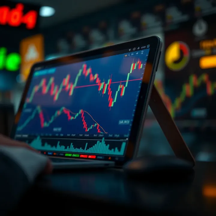 Trading App Interface with Stock Market Charts User interface of a trading application displaying stock charts and market trends
