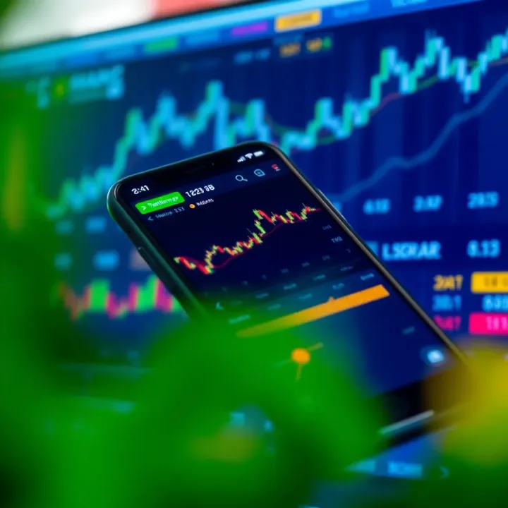 Mobile device displaying a trading app interface with charts and market data