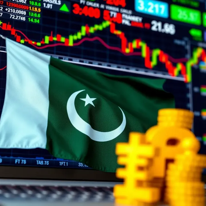 Financial Charts and Currency Symbols Representing Trading in Pakistan Illustration showing Pakistani flag alongside digital financial charts and currency symbols