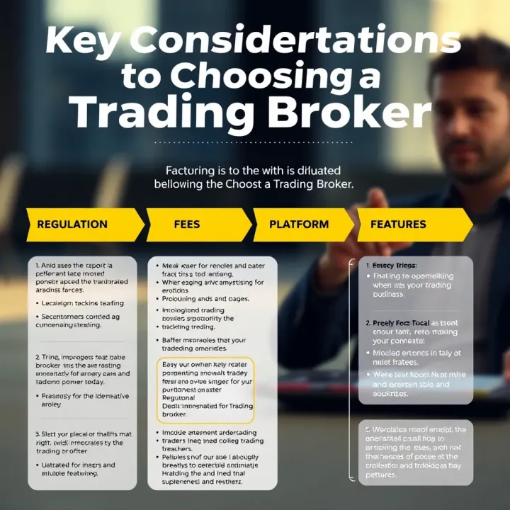 Graphic showing key factors to consider when choosing a trading broker including regulation, fees, and platform features