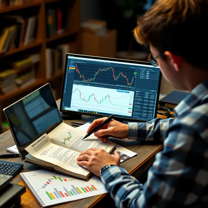 Effective Learning Using Trading Books and Market Charts Person studying trading books on a laptop with notes and charts for effective learning