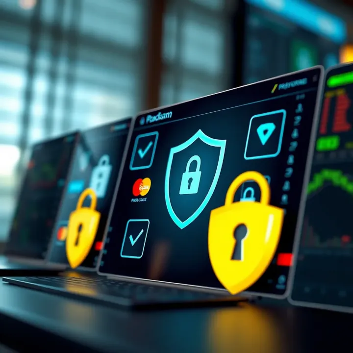 Secure online payment options for trading websites with icons of credit cards and security shields