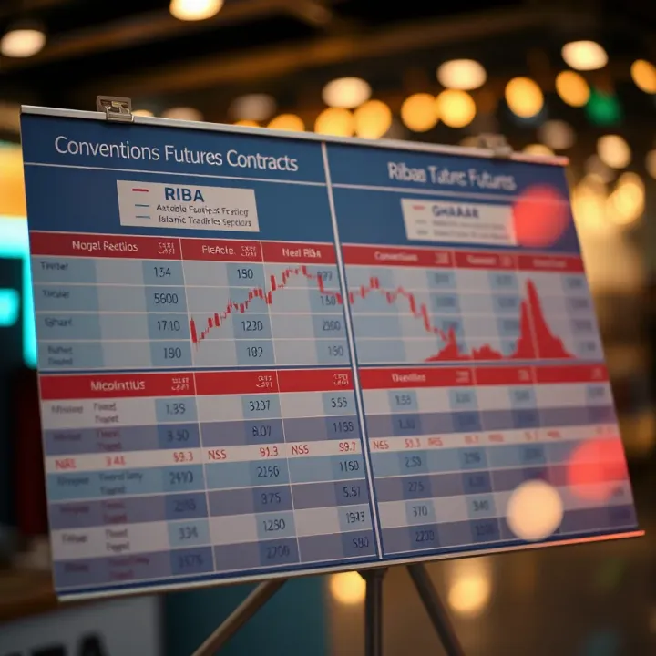 Comparison chart displaying differences between conventional futures contracts and Islamic alternatives focusing on riba and gharar aspects