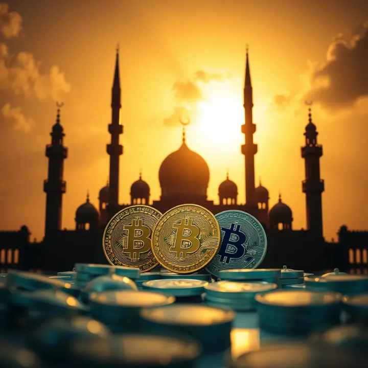Visual representation of crypto coins surrounded by a mosque silhouette symbolizing Islamic perspective on digital assets