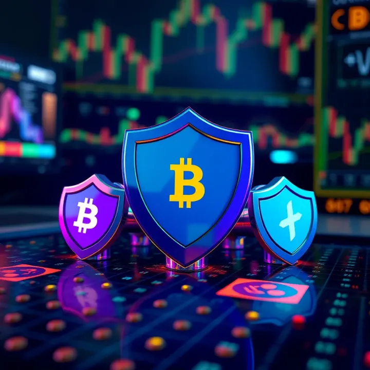 Illustration of secure crypto trading with protective shields and signal icons representing risk management