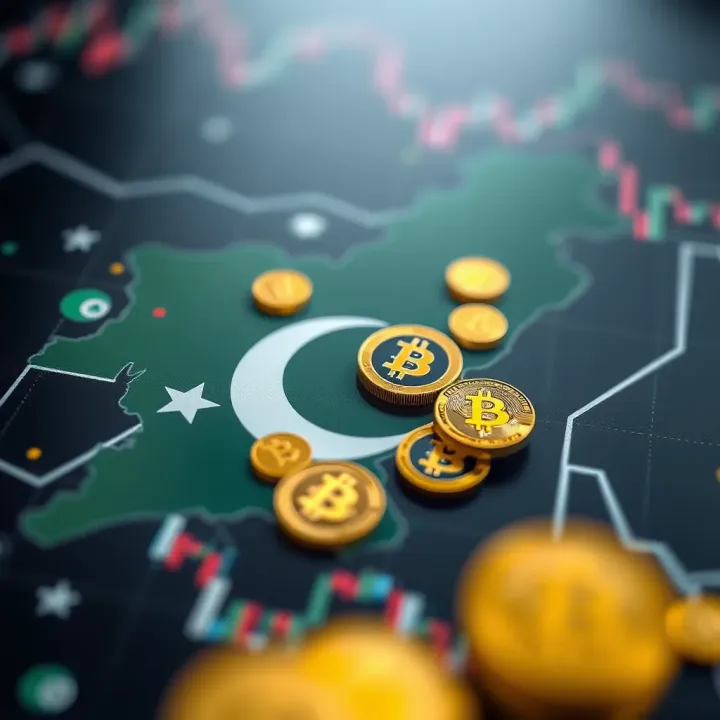 Cryptocurrency Market Growth and Investment Insights in Pakistan Illustration of digital currency symbols with a map of Pakistan highlighting the growing interest in cryptocurrency investments