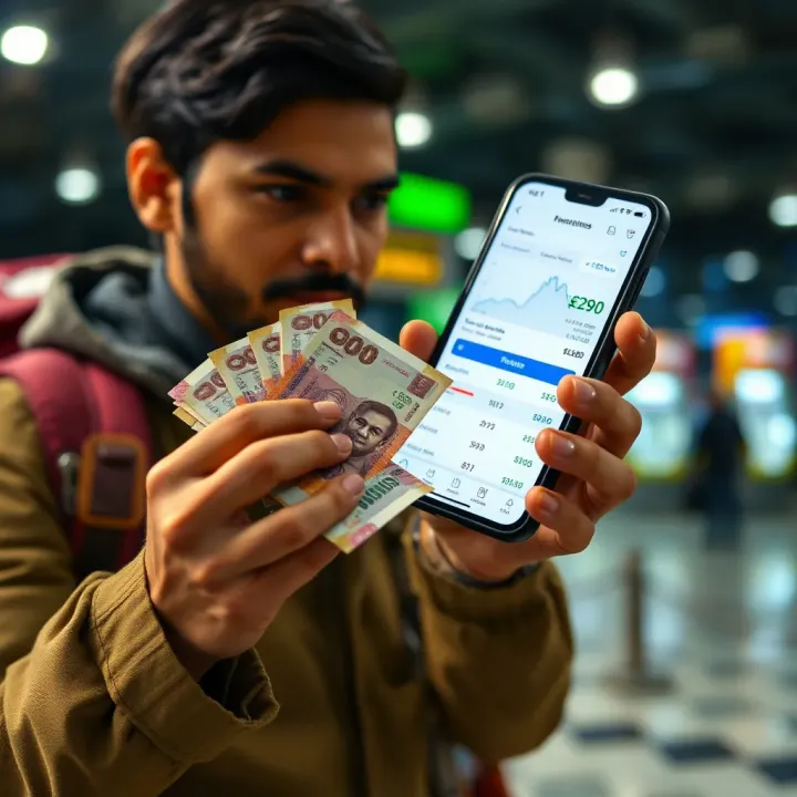 Effective Currency Conversion Strategies for Travelers and Businesses Traveler comparing currency notes with digital currency exchange platform on smartphone