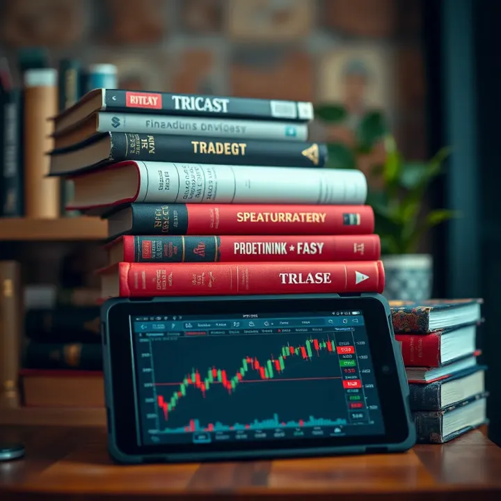 Collection of trading books stacked with a digital tablet displaying a stock market chart