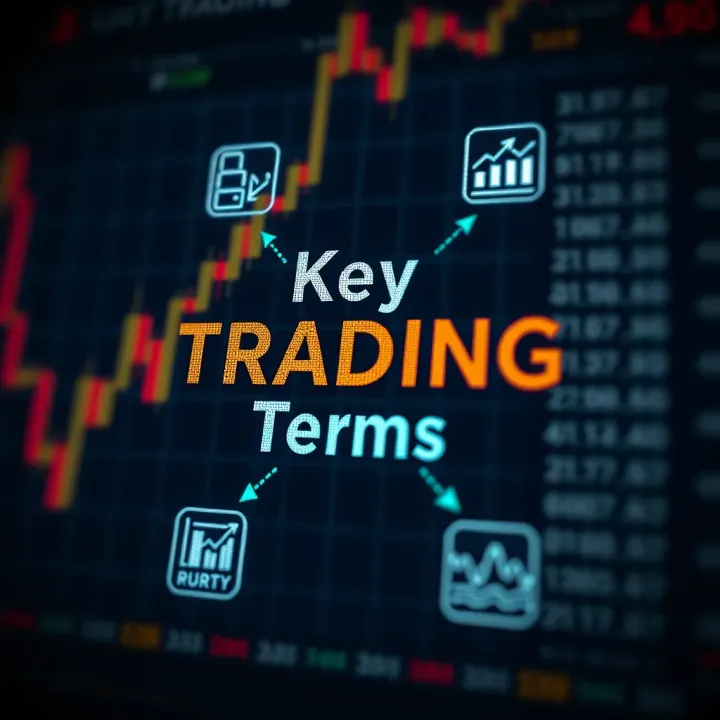 Visual representation of trading terminology with icons for buy, sell, and analysis