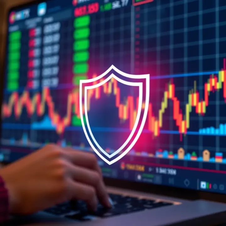 Illustration of safe online trading with shield icon and financial graphs representing risk management