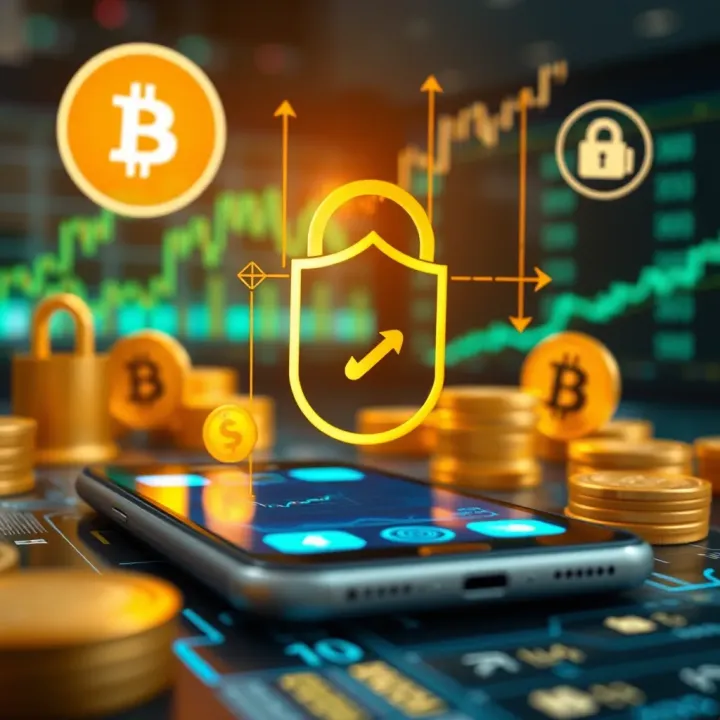 Concept of Secure and Reliable Trading Platforms Illustration of digital currency symbols and security icons representing safe trading