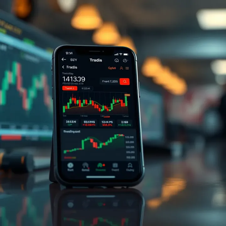 Trading App Interface Showcasing Market Data Mobile phone displaying a trading app interface with charts and financial data